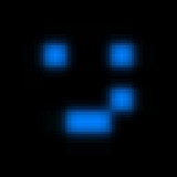 logo of a blue pixilated smiley face on a black square